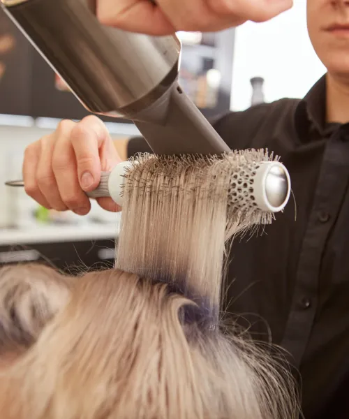 Woman getting her hair blown out at salon.