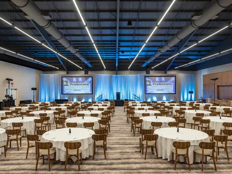 Canyon Ballroom at Minerals Hotel set up with round tables.