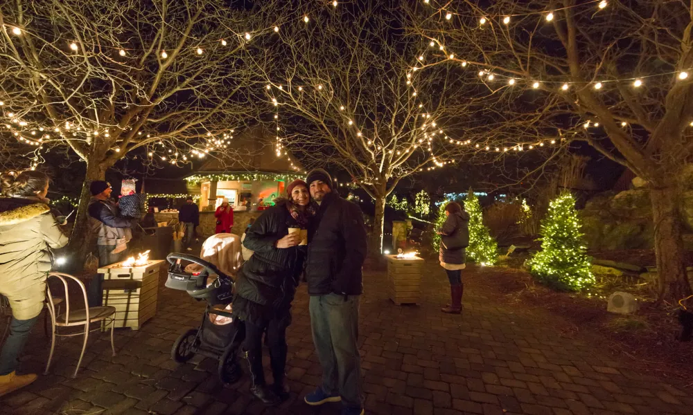A couple posing for the camera with holiday lights in the background.